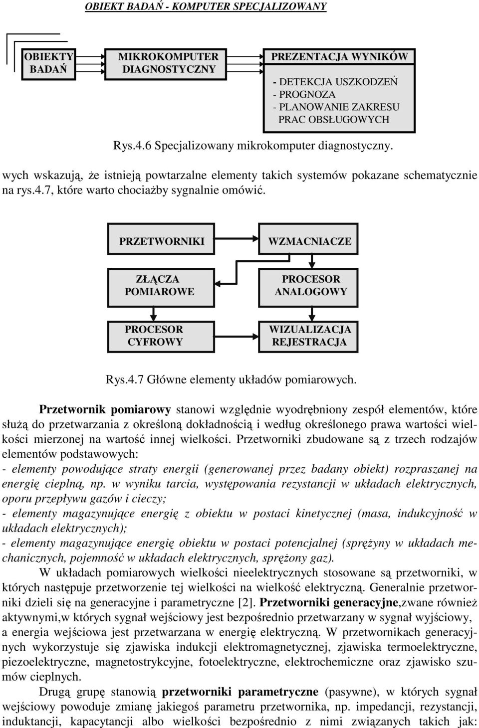 PRZETWORNIKI WZMACNIACZE ZŁCZA POMIAROWE PROCESOR ANALOGOWY PROCESOR CYFROWY WIZUALIZACJA REJESTRACJA Rys.4.7 Główne elementy układów pomarowych.