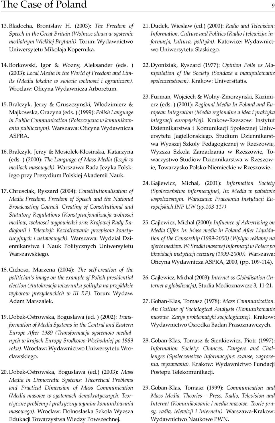 ) (2003): Local Media in the World of Freedom and Limits (Media lokalne w swiecie wolnosci i ograniczen). Wroclaw: Oficyna Wydawnicza Arboretum. 15.