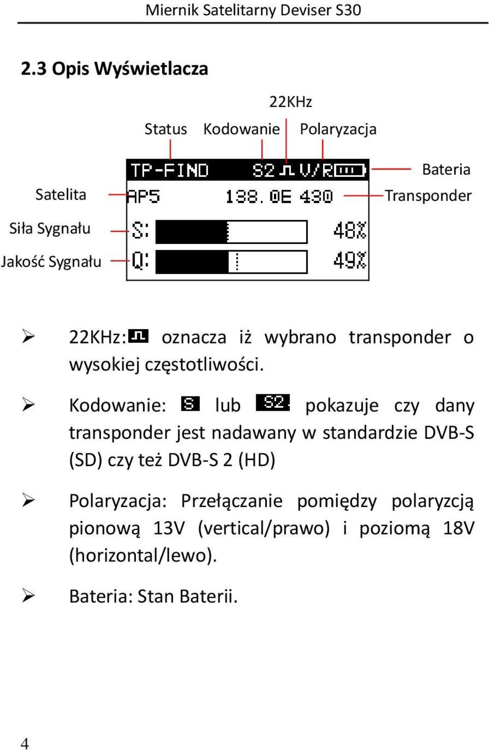 Kodowanie: lub pokazuje czy dany transponder jest nadawany w standardzie DVB-S (SD) czy też DVB-S 2 (HD)