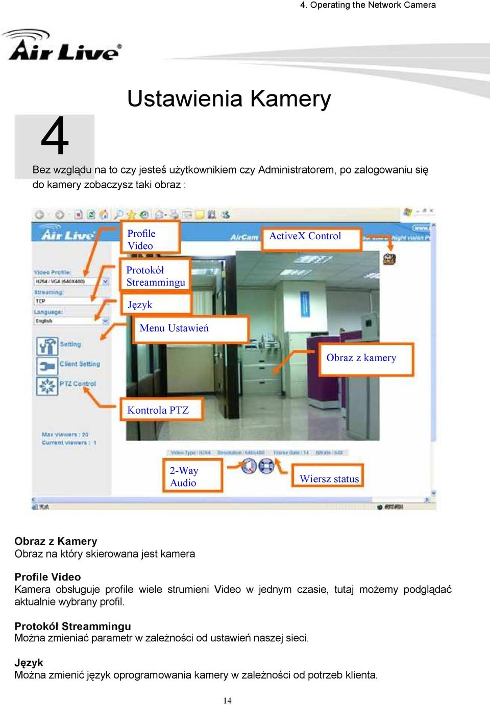 Control Protokół Streammingu Język Menu Ustawień Obraz z kamery Kontrola PTZ 2-Way Audio Wiersz status Obraz z Kamery Obraz na który skierowana jest kamera