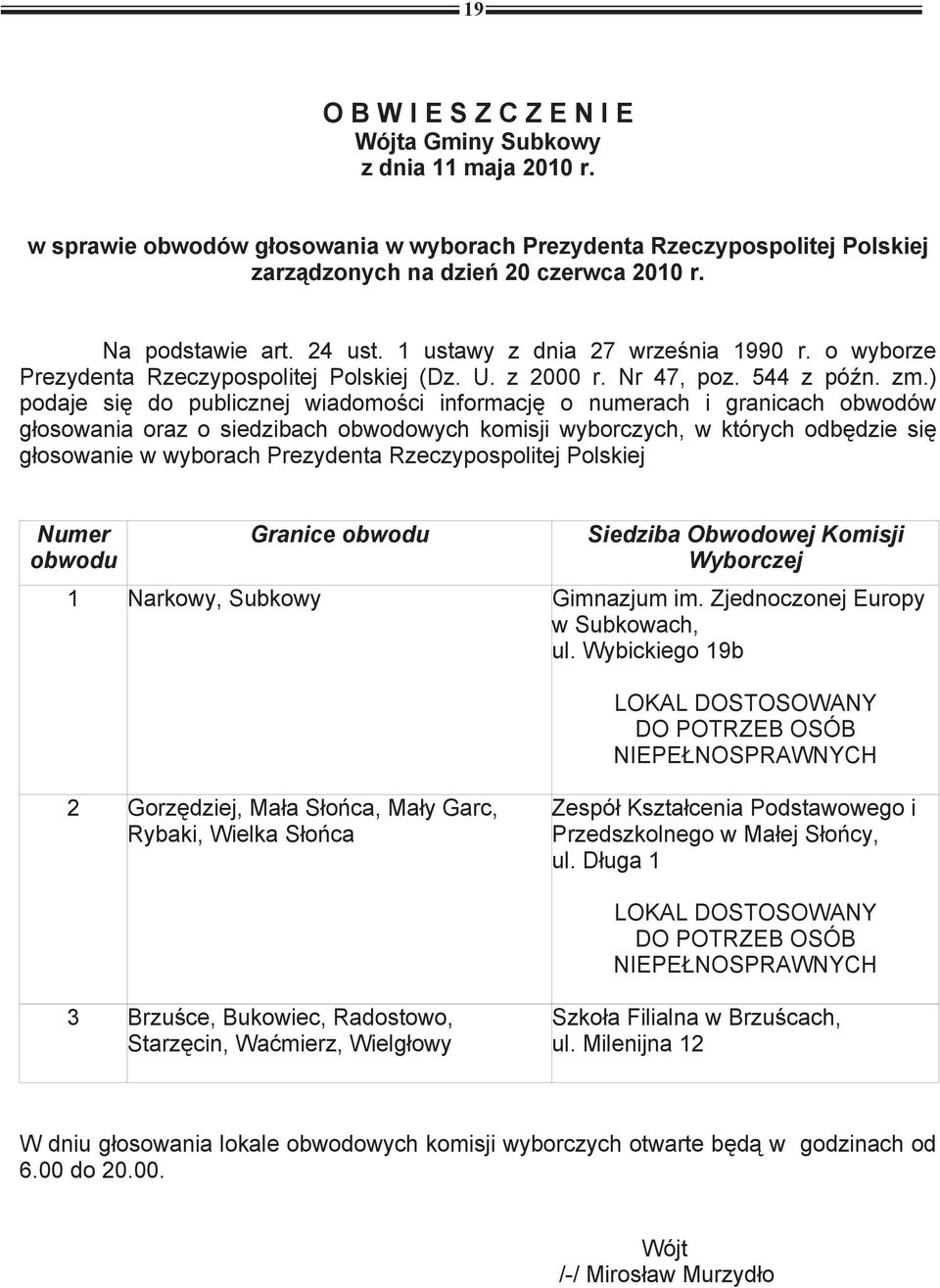 ) podaje si do publicznej wiadomo ci informacj o numerach i granicach obwodów g osowania oraz o siedzibach obwodowych komisji wyborczych, w których odb dzie si g osowanie w wyborach Prezydenta