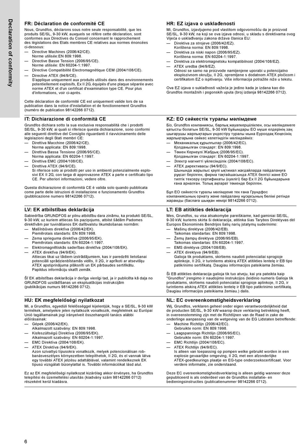 Norme utilisée:en 809:1998. Directive Basse Tension (2006/95/CE). Norme utilisée: EN 60204-1:1997. Directive Compatibilité Electromagnétique CEM (2004/108/CE). Directive ATEX (94/9/CE).