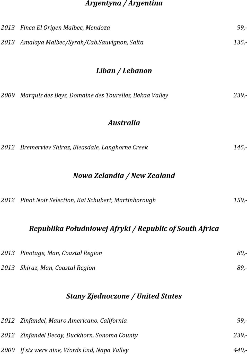 145,- Nowa Zelandia / New Zealand 2012 Pinot Noir Selection, Kai Schubert, Martinborough 159,- Republika Południowej Afryki / Republic of South Africa 2013 Pinotage,