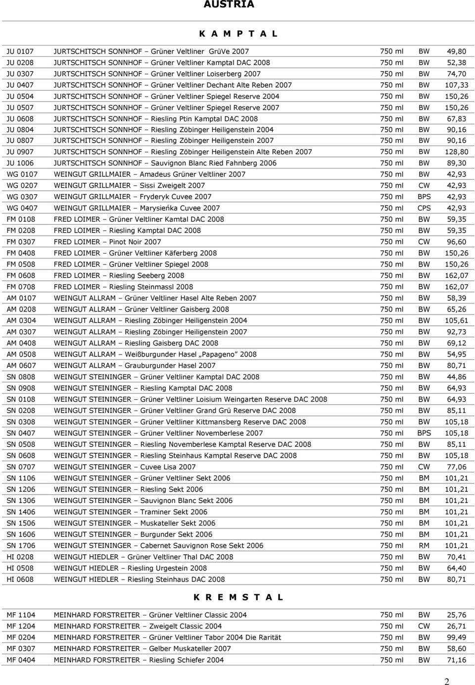 Reserve 2004 750 ml BW 150,26 JU 0507 JURTSCHITSCH SONNHOF Grüner Veltliner Spiegel Reserve 2007 750 ml BW 150,26 JU 0608 JURTSCHITSCH SONNHOF Riesling Ptin Kamptal DAC 2008 750 ml BW 67,83 JU 0804