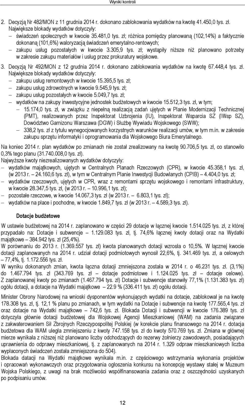 zł; wystąpiły niższe niż planowano potrzeby w zakresie zakupu materiałów i usług przez prokuratury wojskowe. 3. Decyzją Nr 492/MON z 12 grudnia 2014 r. dokonano zablokowania wydatków na kwotę 67.