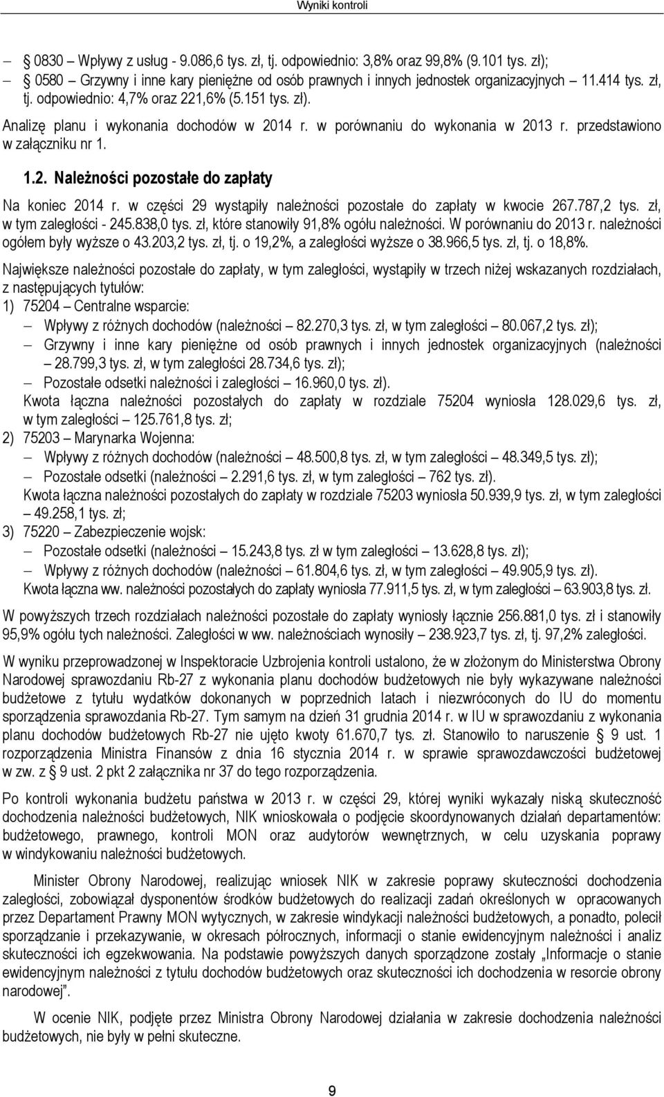 w części 29 wystąpiły należności pozostałe do zapłaty w kwocie 267.787,2 tys. zł, w tym zaległości - 245.838,0 tys. zł, które stanowiły 91,8% ogółu należności. W porównaniu do 2013 r.