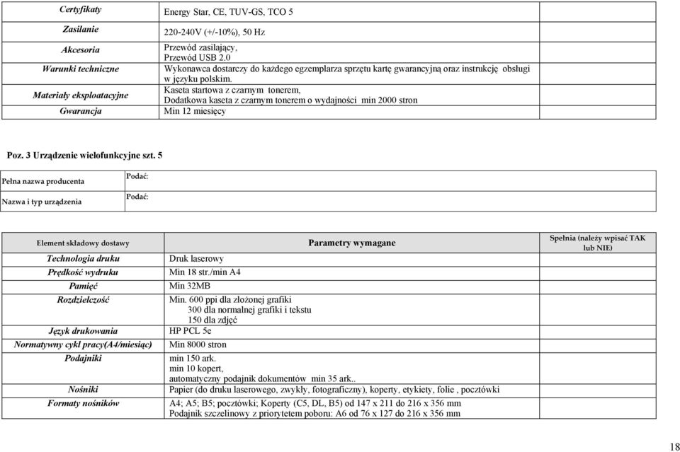 Kaseta startowa z czarnym tonerem, Materiały eksploatacyjne Dodatkowa kaseta z czarnym tonerem o wydajności min 2000 stron Gwarancja Min 12 miesięcy Poz. 3 Urządzenie wielofunkcyjne szt.