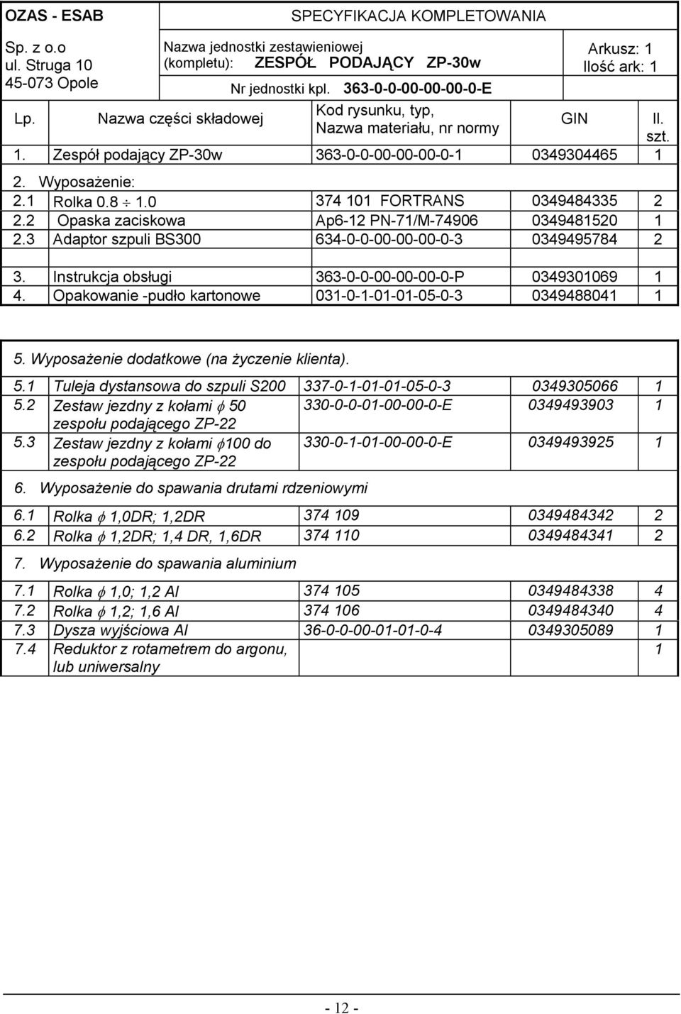 1 Rolka 0.8 1.0 374 101 FORTRANS 0349484335 2 2.2 Opaska zaciskowa Ap6-12 PN-71/M-74906 0349481520 1 2.3 Adaptor szpuli BS300 634-0-0-00-00-00-0-3 0349495784 2 3.