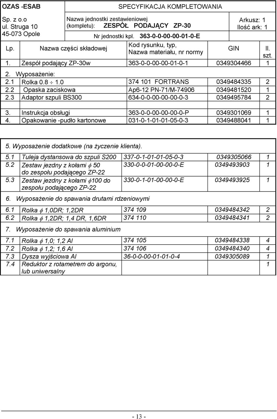 0 374 101 FORTRANS 0349484335 2 2.2 Opaska zaciskowa Ap6-12 PN-71/M-74906 0349481520 1 2.3 Adaptor szpuli BS300 634-0-0-00-00-00-0-3 0349495784 2 3.