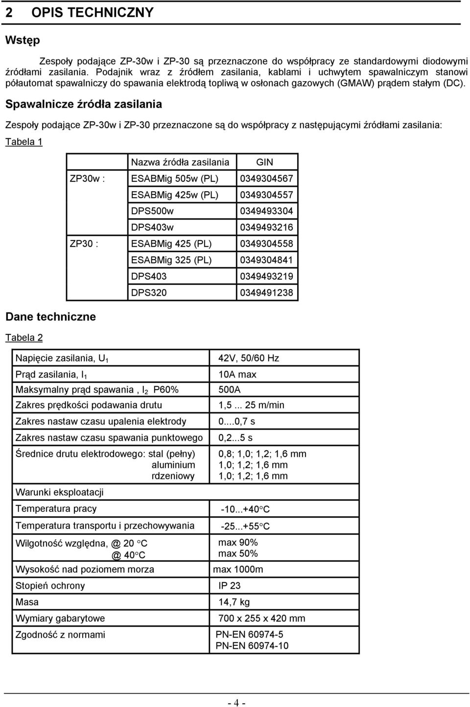 Spawalnicze źródła zasilania Zespoły podające ZP-30w i ZP-30 przeznaczone są do współpracy z następującymi źródłami zasilania: Tabela 1 Nazwa źródła zasilania GIN ZP30w : ZP30 : ESABMig 505w (PL)