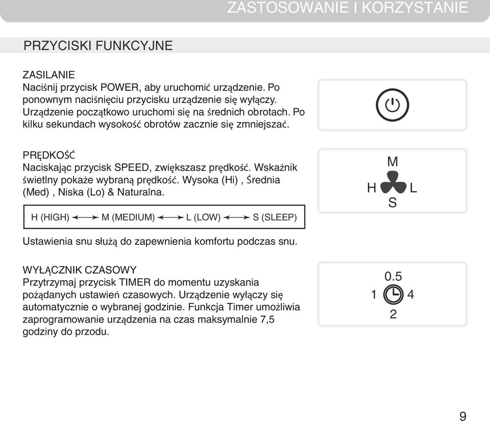 Wskaźnik świetlny pokaże wybraną prędkość. Wysoka (Hi), Średnia (Med), Niska (Lo) & Naturalna. H (HIGH) M (MEDIUM) L (LOW) S (SLEEP) H M S L Ustawienia snu służą do zapewnienia komfortu podczas snu.