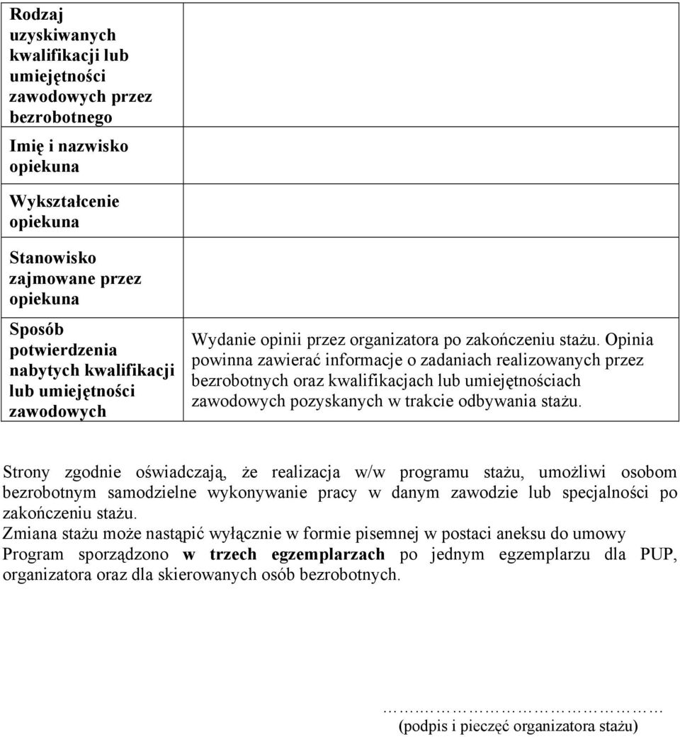 Opinia powinna zawierać informacje o zadaniach realizowanych przez bezrobotnych oraz kwalifikacjach lub umiejętnościach zawodowych pozyskanych w trakcie odbywania stażu.