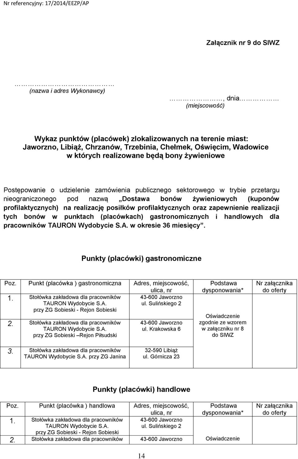 profilaktycznych) na realizację posiłków profilaktycznych oraz zapewnienie realizacji tych bonów w punktach (placówkach) gastronomicznych i handlowych dla pracowników TAURON Wydobycie S.A. w okresie 36 miesięcy.