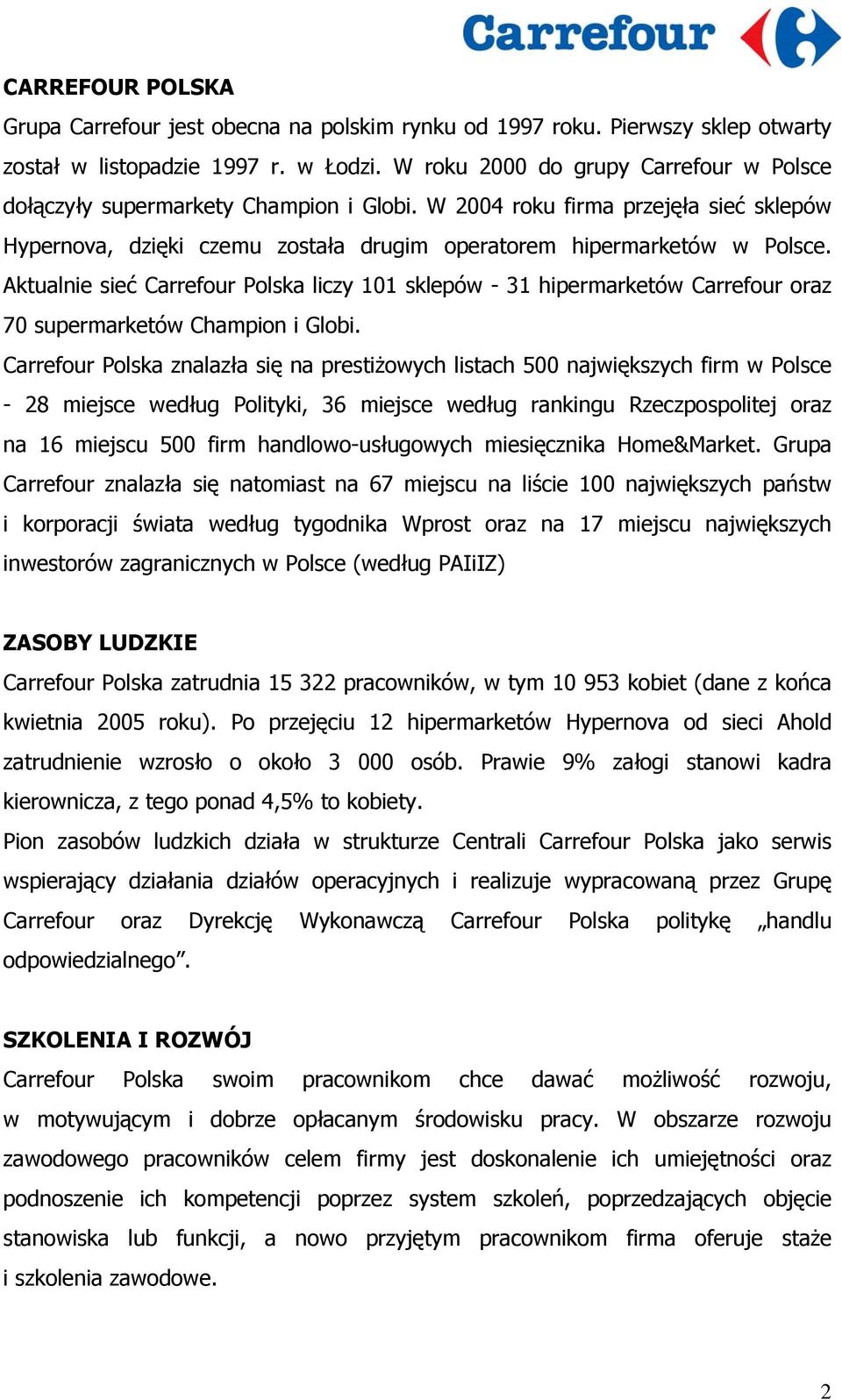 Aktualnie sieć Carrefour Polska liczy 101 sklepów - 31 hipermarketów Carrefour oraz 70 supermarketów Champion i Globi.