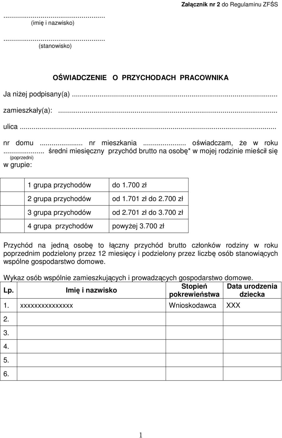 700 zł 3 grupa przychodów od 2.701 zł do 3.700 zł 4 grupa przychodów powyżej 3.