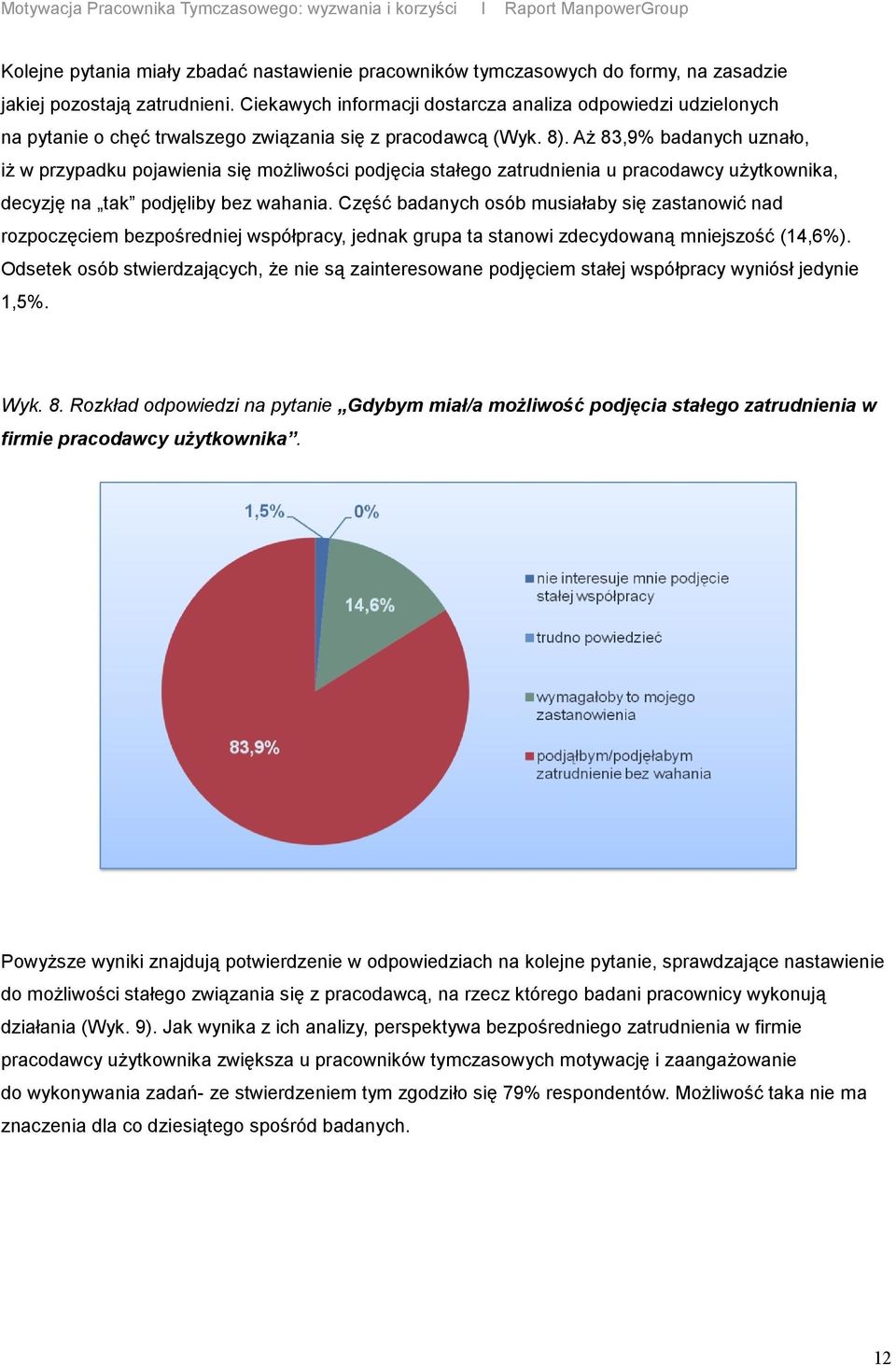 Aż 83,9% badanych uznało, iż w przypadku pojawienia się możliwości podjęcia stałego zatrudnienia u pracodawcy użytkownika, decyzję na tak podjęliby bez wahania.