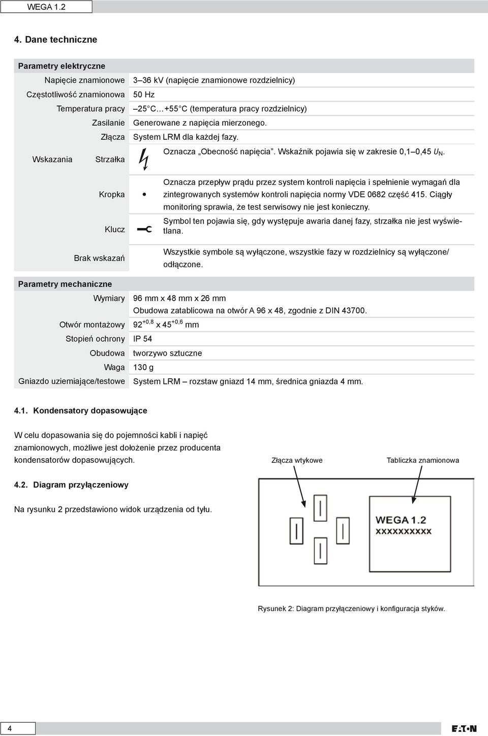 (temperatura pracy rozdzielnicy) Generowane z napięcia mierzonego. System LRM dla każdej fazy. Oznacza Obecność napięcia. Wskaźnik pojawia się w zakresie 0,1 0,45 U N.