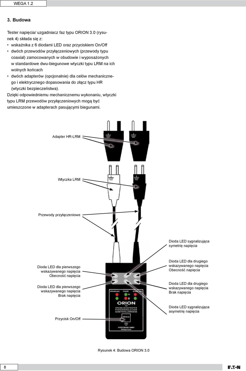 dwu-biegunowe wtyczki typu LRM na ich wolnych końcach dwóch adapterów (opcjonalnie) dla celów mechanicznego i elektrycznego dopasowania do złącz typu HR (wtyczki bezpieczeństwa).