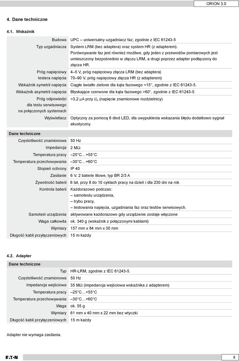 Próg napięciowy testera napięcia 4 5 V, próg napięciowy złącza LRM (bez adaptera) 70 90 V, próg napięciowy złącza HR (z adapterem) Wskaźnik symetrii napięcia Ciągłe światło zielone dla kąta fazowego