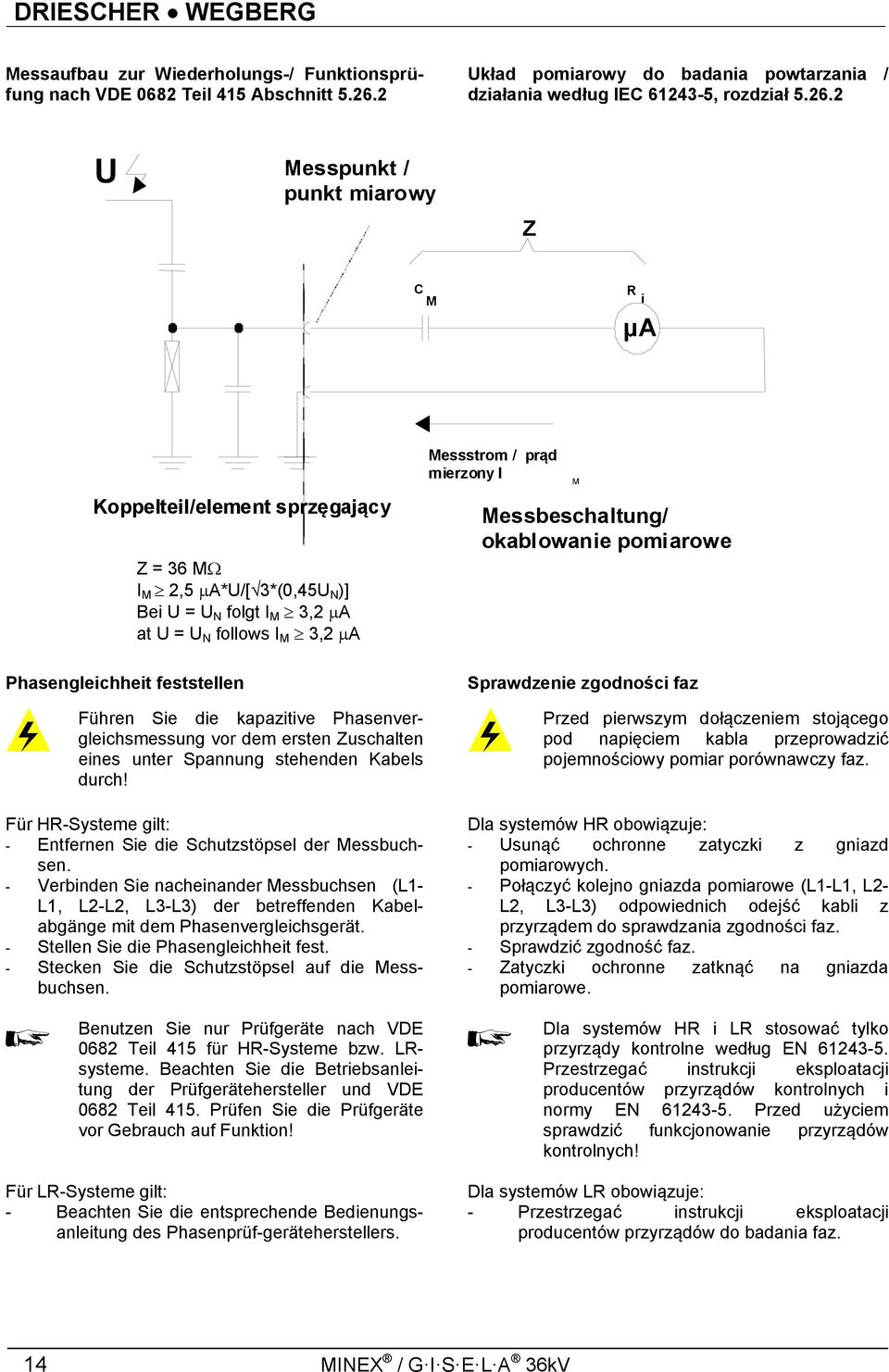 2 U Messpunkt / punkt miarowy Z C R M i µa Koppelteil/element sprzęgający Phasengleichheit feststellen Z = 36 M I M 2,5 A*U/[3*(0,45U N )] Bei U = U N folgt I M 3,2 A at U = U N follows I M 3,2 A