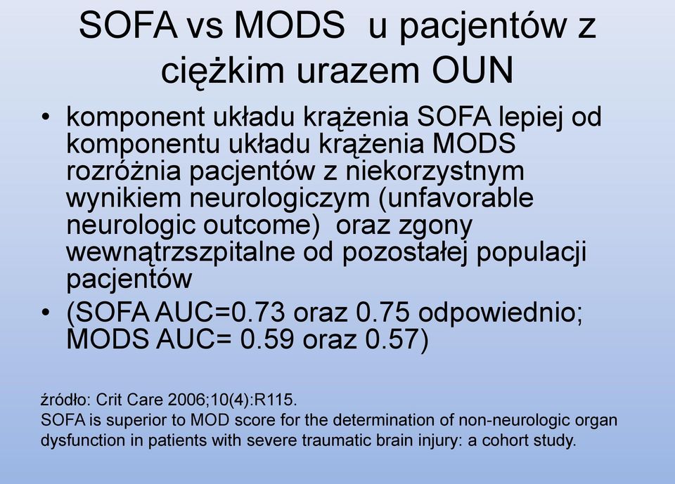 populacji pacjentów (SOFA AUC=0.73 oraz 0.75 odpowiednio; MODS AUC= 0.59 oraz 0.57) źródło: Crit Care 2006;10(4):R115.