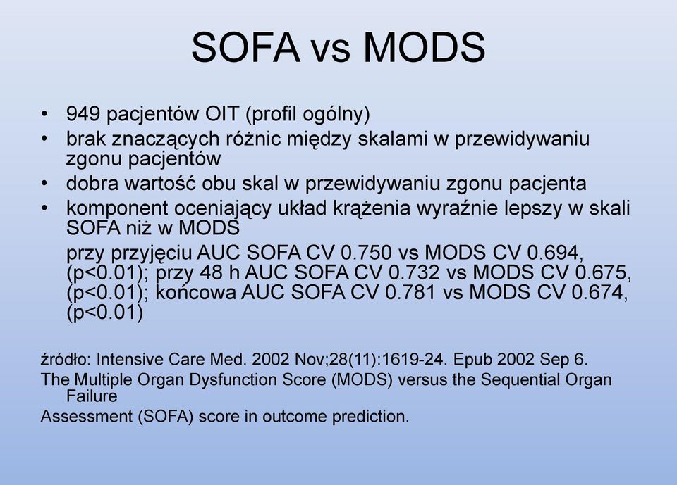 694, (p<0.01); przy 48 h AUC SOFA CV 0.732 vs MODS CV 0.675, (p<0.01); końcowa AUC SOFA CV 0.781 vs MODS CV 0.674, (p<0.01) źródło: Intensive Care Med.