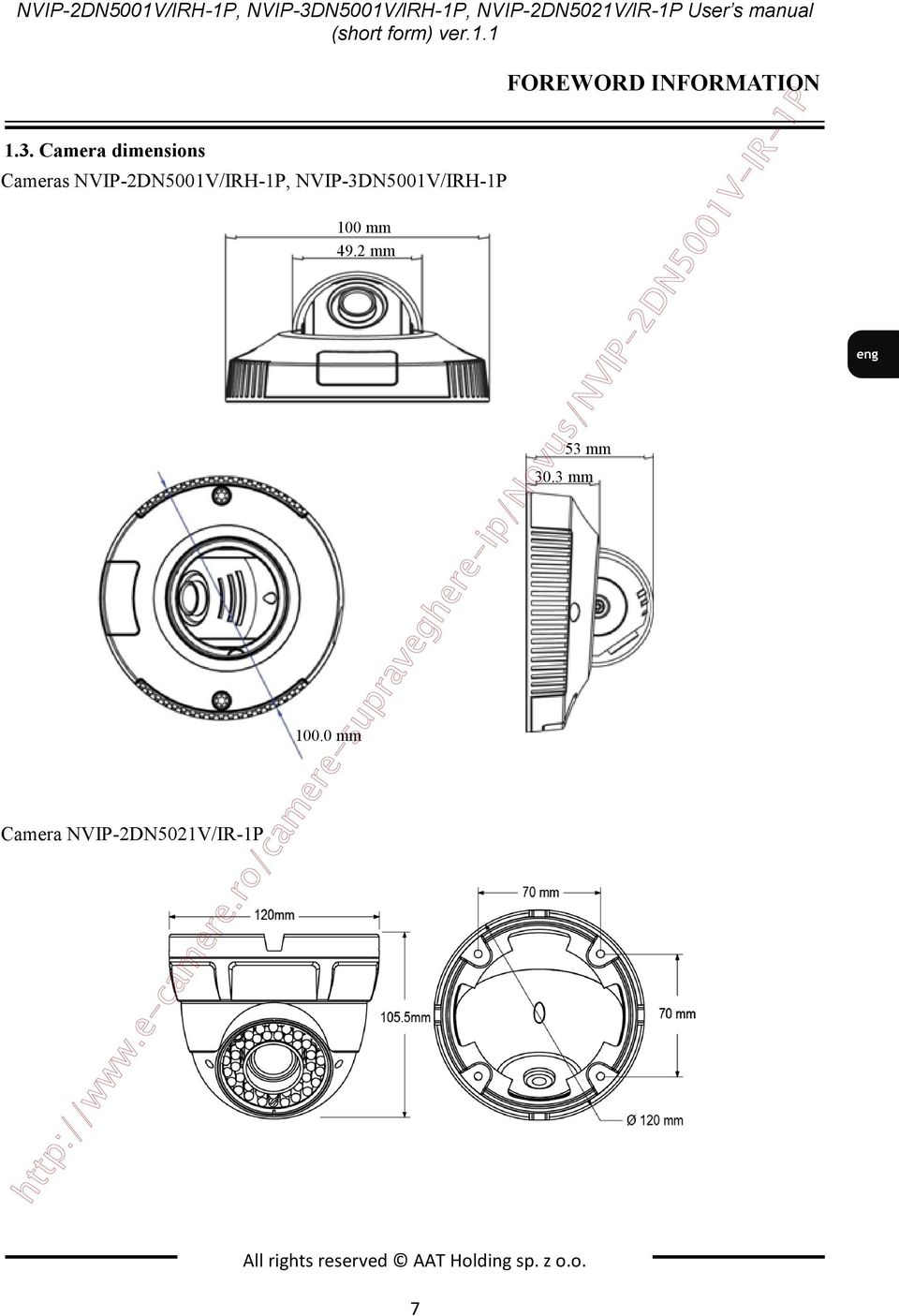 Camera dimensions Cameras NVIP-2DN5001V/IRH-1P, NVIP-3DN5001V/IRH-1P Camera