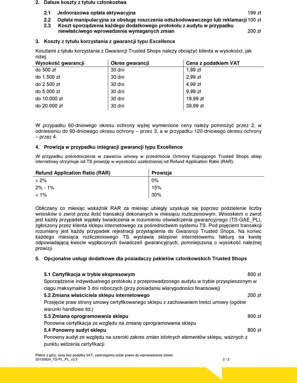 Koszty z tytułu korzystania z gwarancji typu Excellence Kosztami z tytułu korzystania z Gwarancji Trusted Shops należy obciążyć klienta w wysokości, jak niżej: Wysokość gwarancji Okres gwarancji Cena