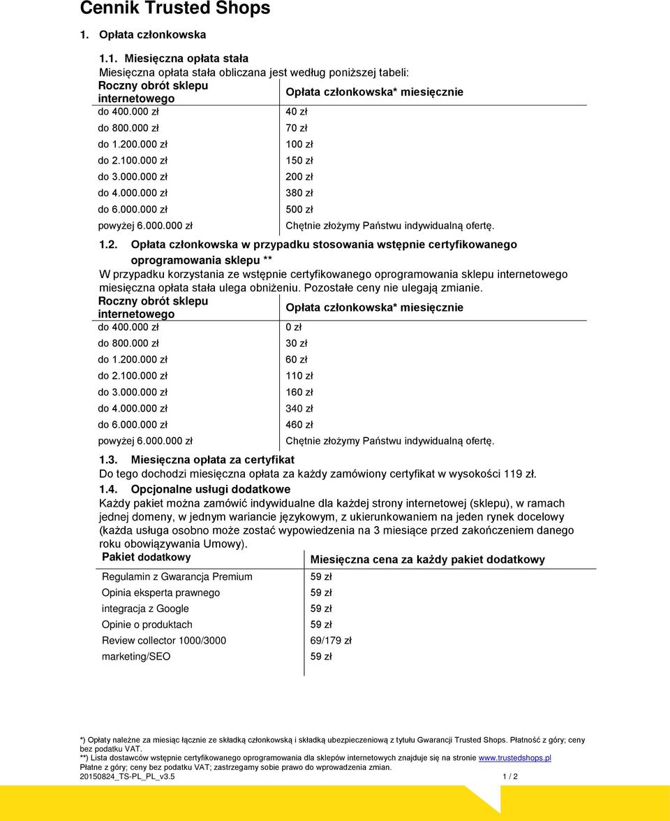 1.2. Opłata członkowska w przypadku stosowania wstępnie certyfikowanego oprogramowania sklepu ** W przypadku korzystania ze wstępnie certyfikowanego oprogramowania sklepu internetowego miesięczna