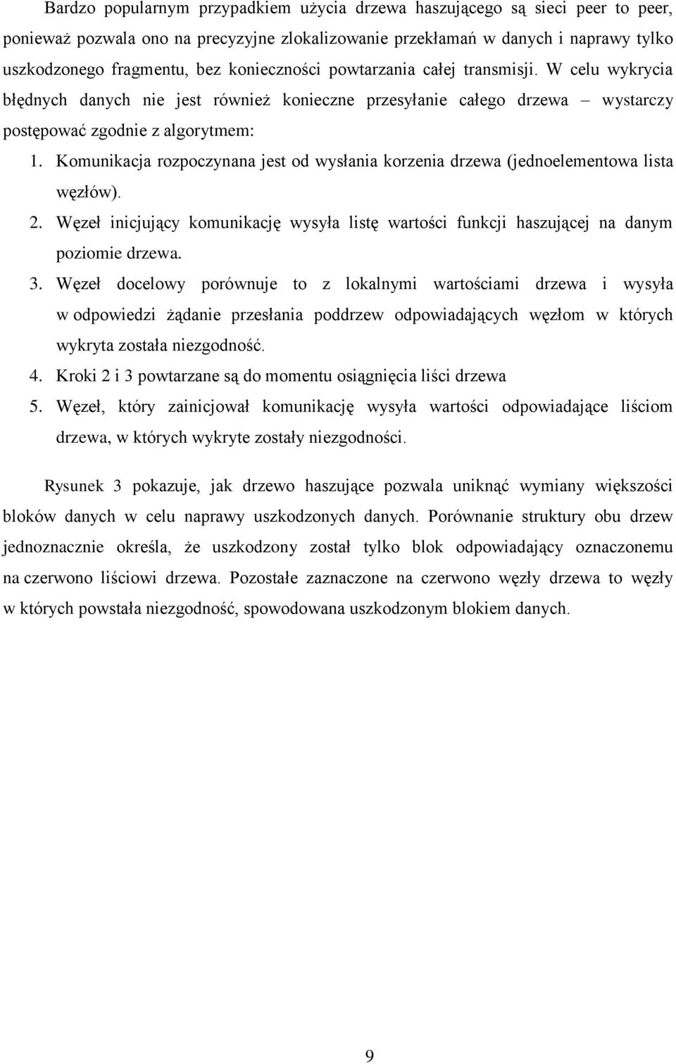 Komunikacja rozpoczynana jest od wysłania korzenia drzewa (jednoelementowa lista węzłów). 2. Węzeł inicjujący komunikację wysyła listę wartości funkcji haszującej na danym poziomie drzewa. 3.