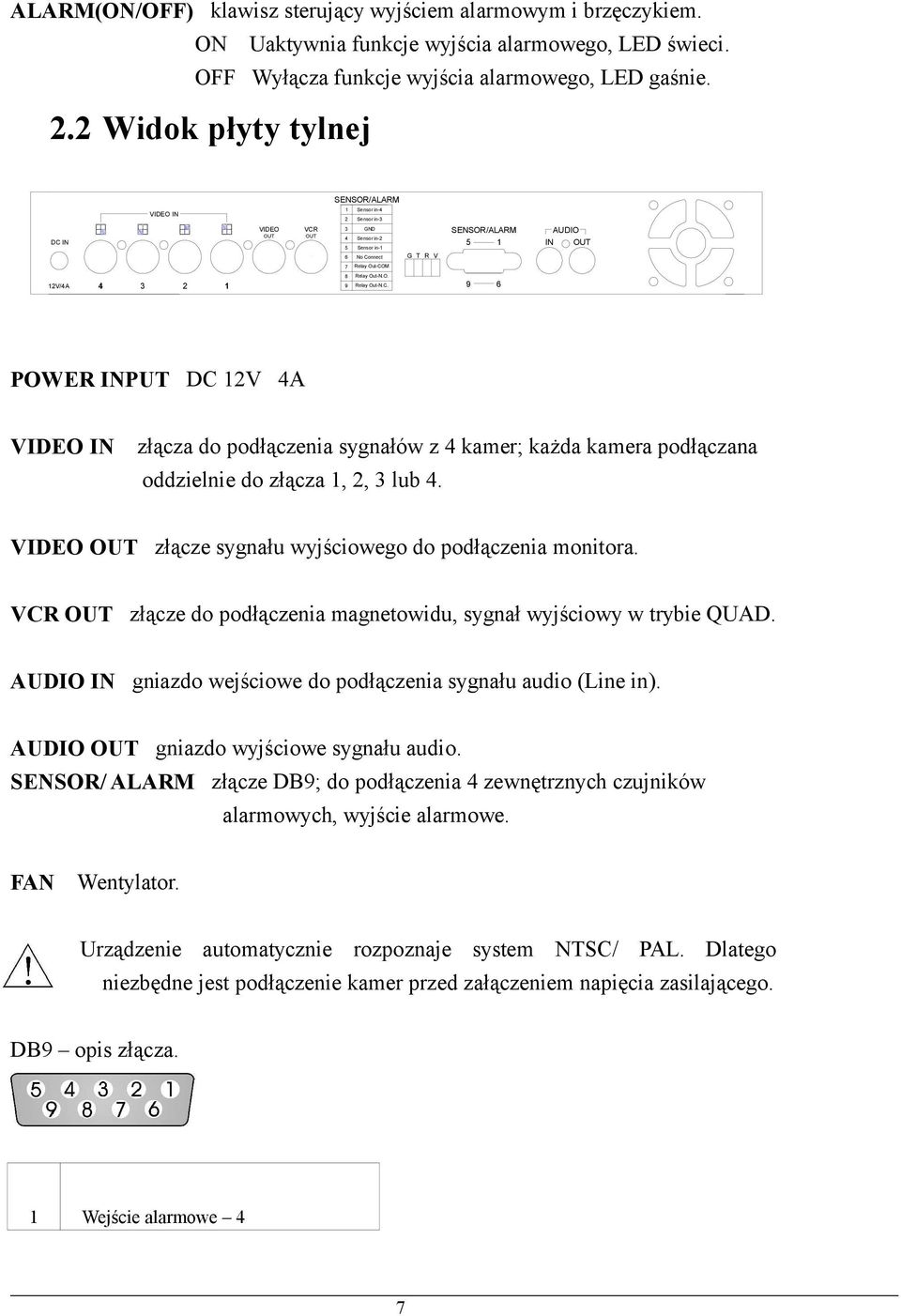12V/4A 4 3 2 1 8 Relay Out-N.O. 9 Relay Out-N.C. 9 6 POWER INPUT DC 12V 4A VIDEO IN złącza do podłączenia sygnałów z 4 kamer; każda kamera podłączana oddzielnie do złącza 1, 2, 3 lub 4.