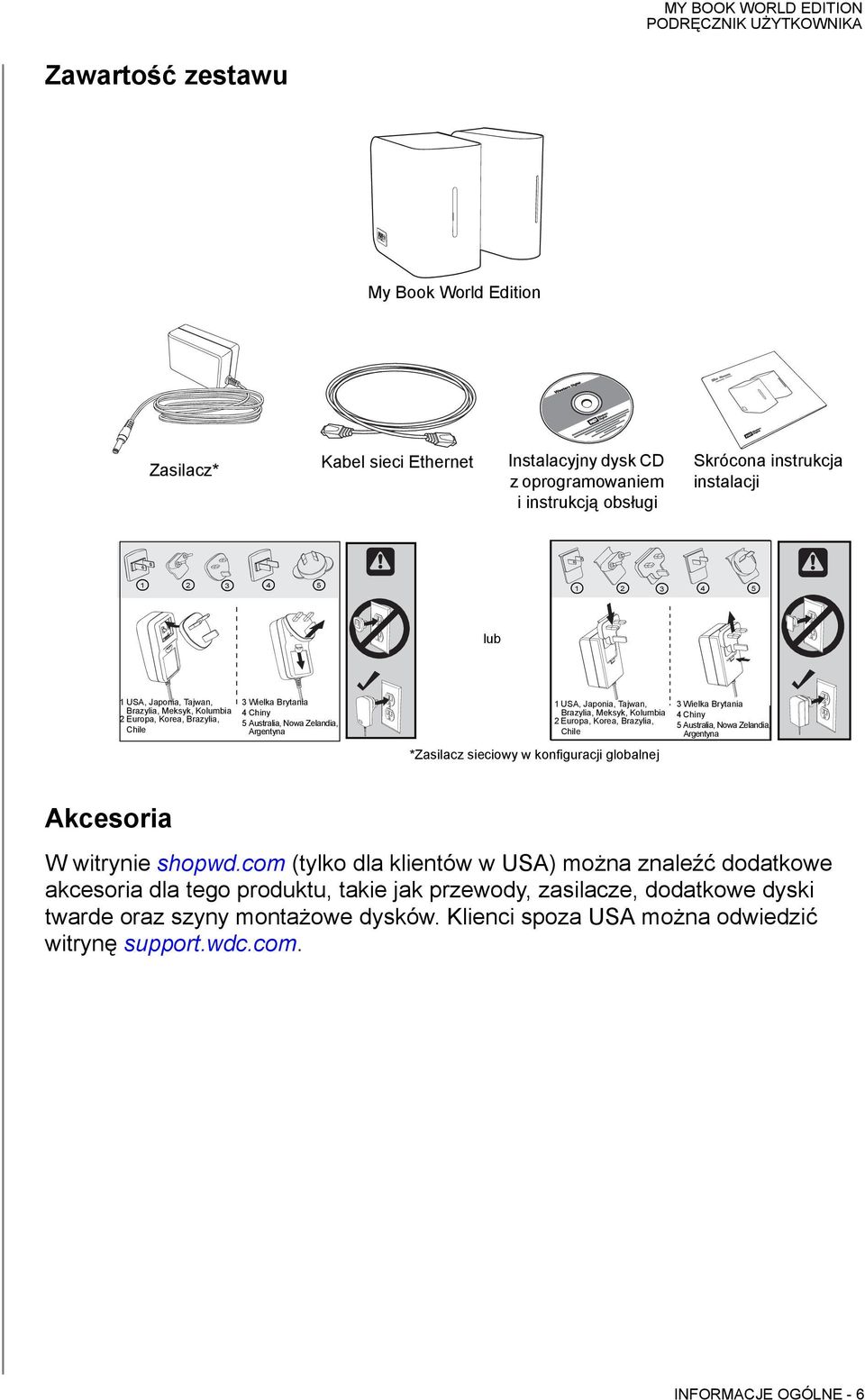 Europa, Korea, Brazylia, Chile *Zasilacz sieciowy w konfiguracji globalnej 3 Wielka Brytania 4Chiny 5 Australia, Nowa Zelandia, Argentyna Akcesoria W witrynie shopwd.