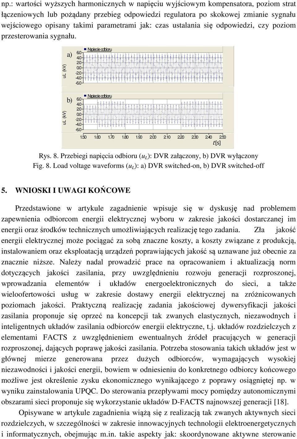 190 200 210 220 230 240 250 t [s] Rys 8 Przebiegi napięcia odbioru (u L ): DVR załączony, b) DVR wyłączony Fig 8 Load voltage waveforms (u L ): a) DVR switched-on, b) DVR switched-off 5 WNIOSKI I