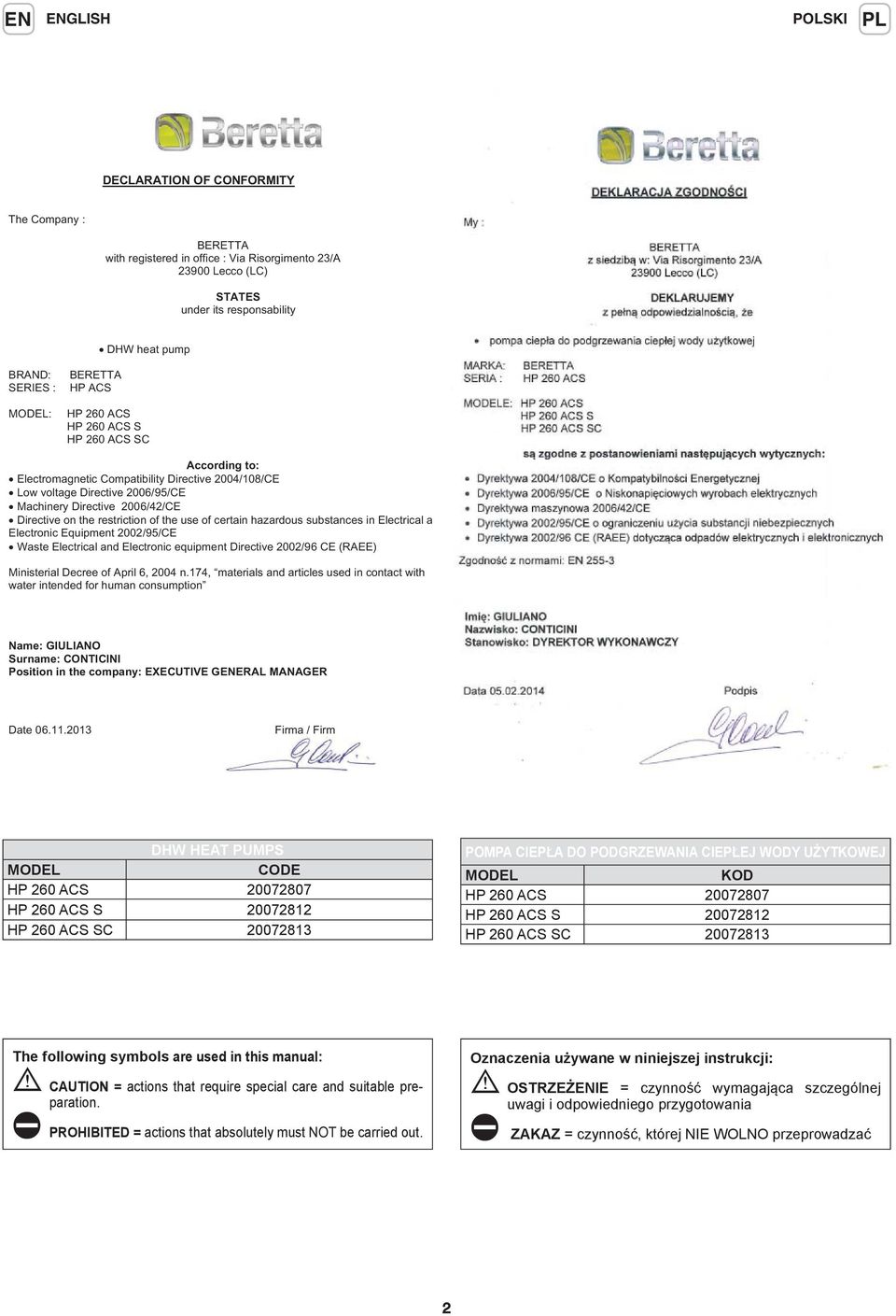 the use of certain hazardous substances in Electrical a Electronic Equipment 2002/95/CE Waste Electrical and Electronic equipment Directive 2002/96 CE (RAEE) Ministerial Decree of April 6, 2004 n.