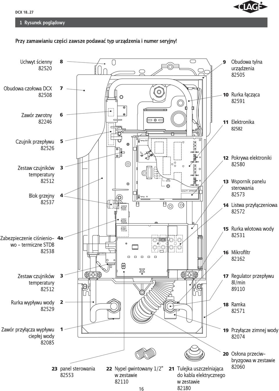 łącząca 82591 11 Elektronika 82582 12 Pokrywa elektroniki 82580 13 Wspornik panelu sterowania 82573 14 Listwa przyłączeniowa 82572 Zabezpieczenie ciśnieniowo - termiczne STDB 82538 4a 15 Rurka