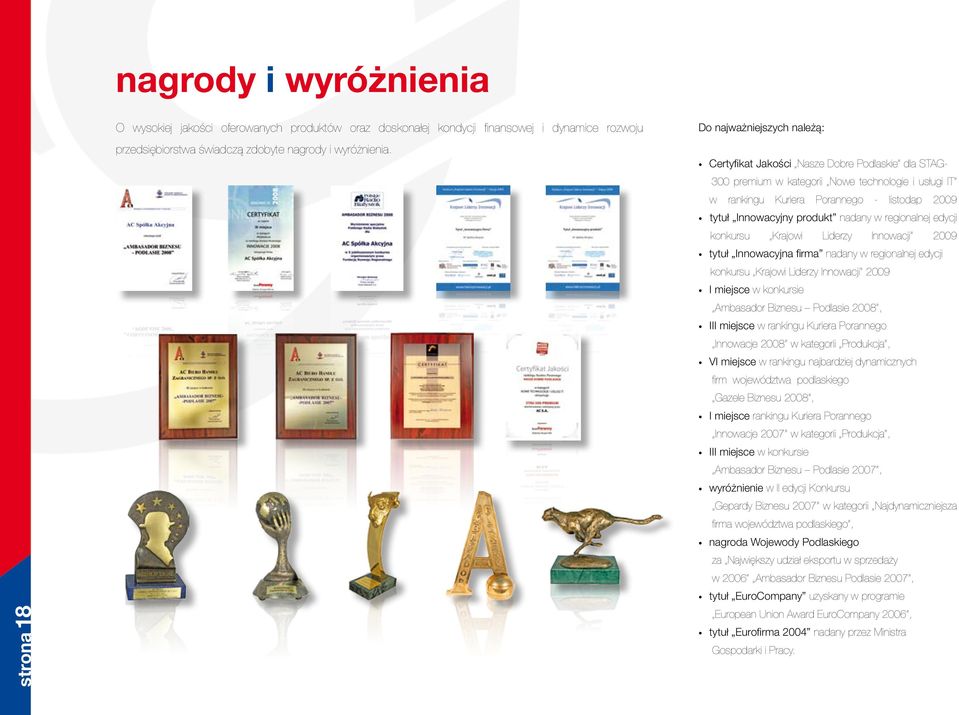 produkt nadany w regionalnej edycji konkursu Krajowi Liderzy Innowacji 2009 tytuł Innowacyjna firma nadany w regionalnej edycji konkursu Krajowi Liderzy Innowacji 2009 I miejsce w konkursie Ambasador