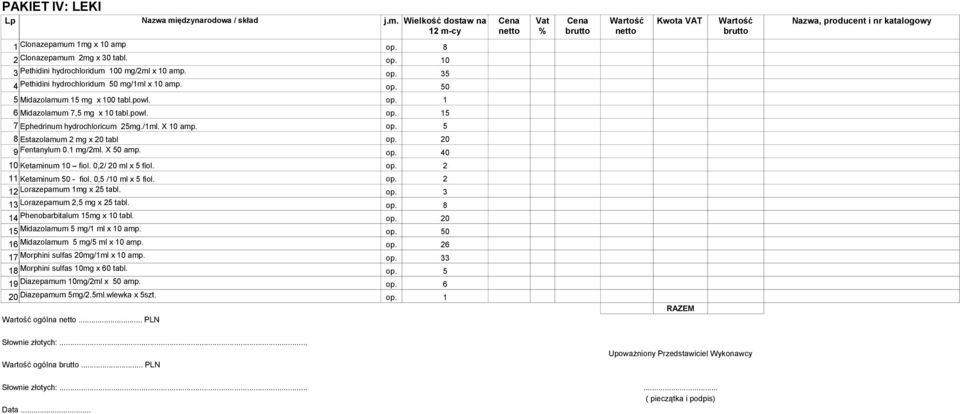 powl. 7 Ephedrinum hydrochloricum 25mg./1ml. X 10 amp. 8 Estazolamum 2 mg x 20 tabl 0 9 Fentanylum 0.1 mg/2ml. X 50 amp. op. 40 10 Ketaminum 10 fiol. 0,2/ 20 ml x 5 fiol. 11 Ketaminum 50 - fiol.