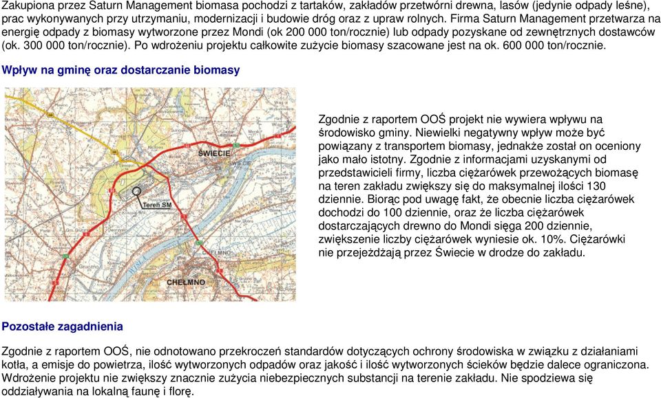 Po wdrożeniu projektu całkowite zużycie biomasy szacowane jest na ok. 600 000 ton/rocznie.