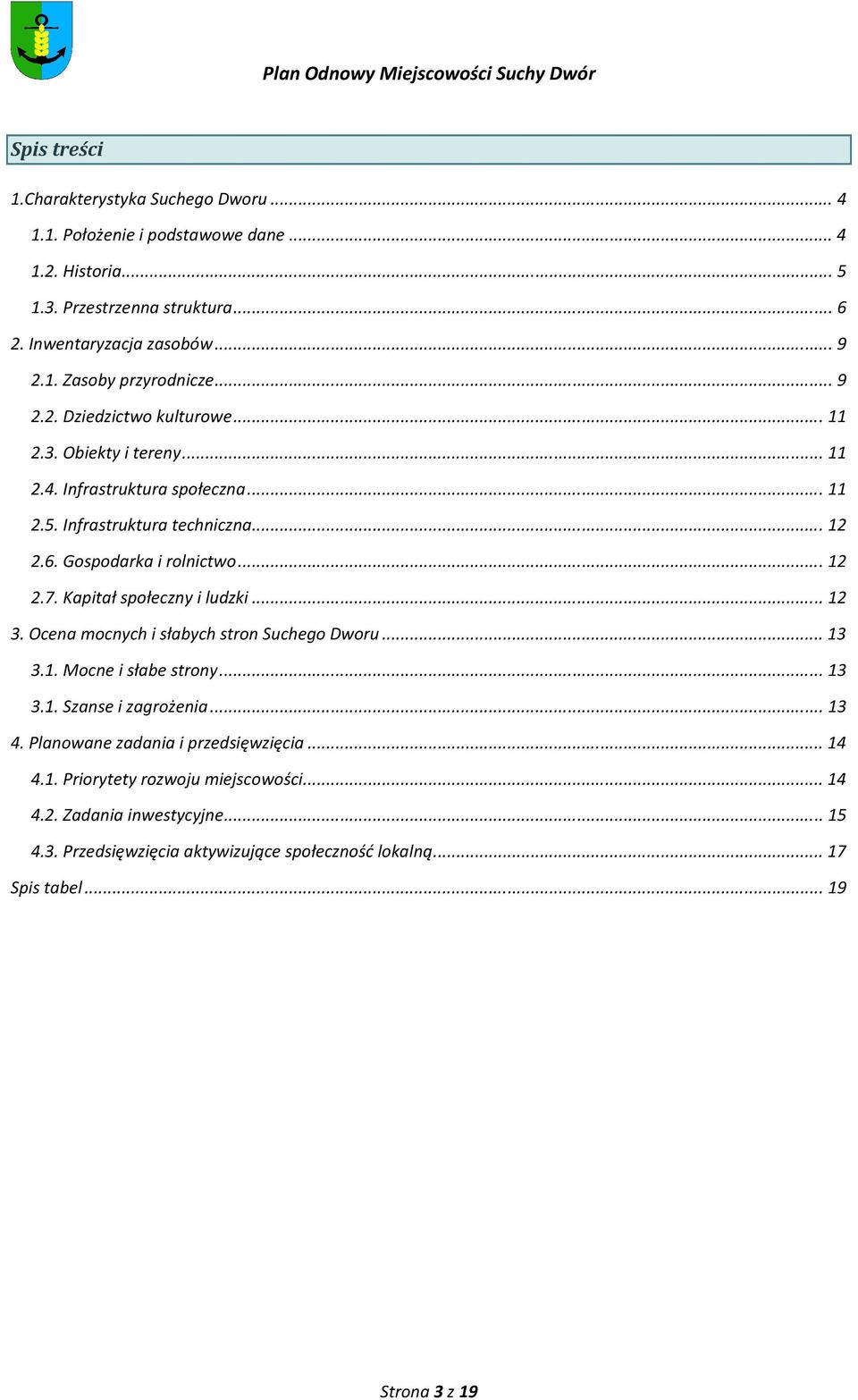 Kapitał społeczny i ludzki... 12 3. Ocena mocnych i słabych stron Suchego Dworu... 13 3.1. Mocne i słabe strony... 13 3.1. Szanse i zagrożenia... 13 4.