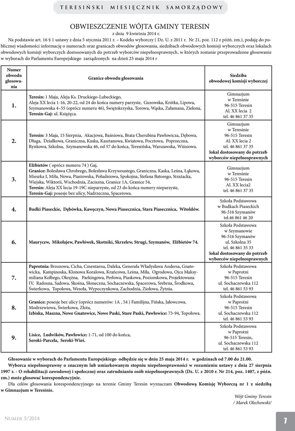 potrzeb wyborców niepełnosprawnych, w których zostanie przeprowadzone głosowanie w wyborach do Parlamentu Europejskiego zarządzonych na dzień 25 maja 2014 r Numer obwodu głosowania 1. 2. 3.