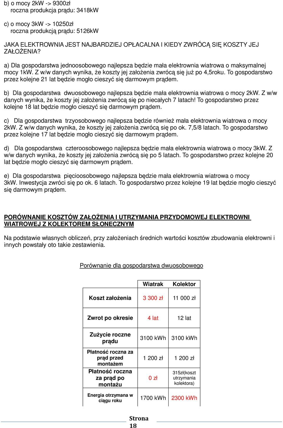 To gospodarstwo przez kolejne 21 lat będzie mogło cieszyć się darmowym prądem. b) Dla gospodarstwa dwuosobowego najlepsza będzie mała elektrownia wiatrowa o mocy 2kW.