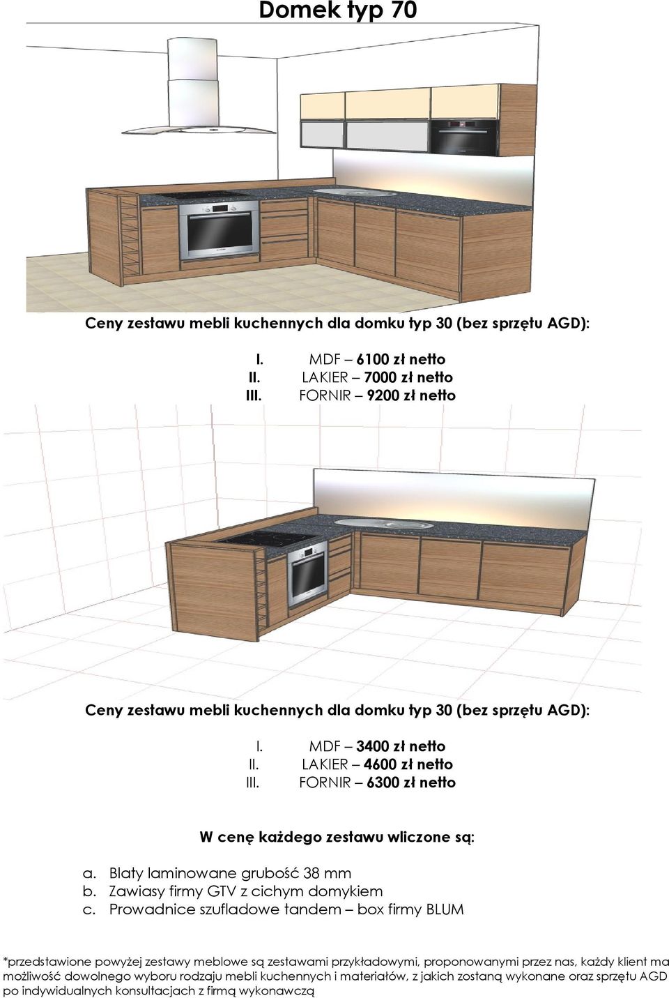 FORNIR 6300 zł netto W cenę każdego zestawu wliczone są: a. Blaty laminowane grubość 38 mm b. Zawiasy firmy GTV z cichym domykiem c.