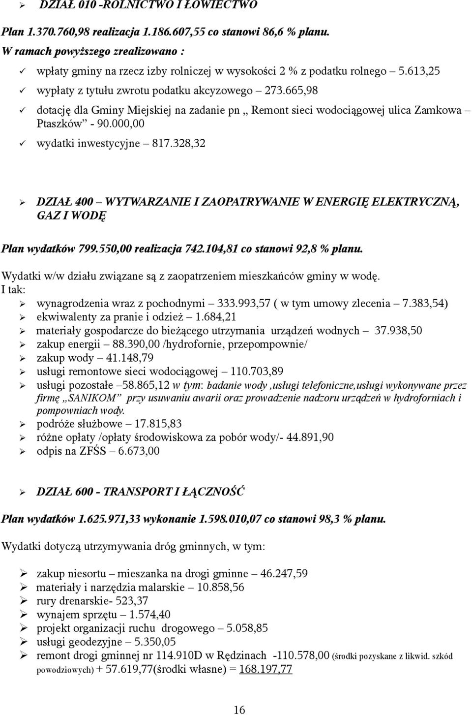 665,98 dotację dla Gminy Miejskiej na zadanie pn Remont sieci wodociągowej ulica Zamkowa Ptaszków - 90.000,00 wydatki inwestycyjne 817.