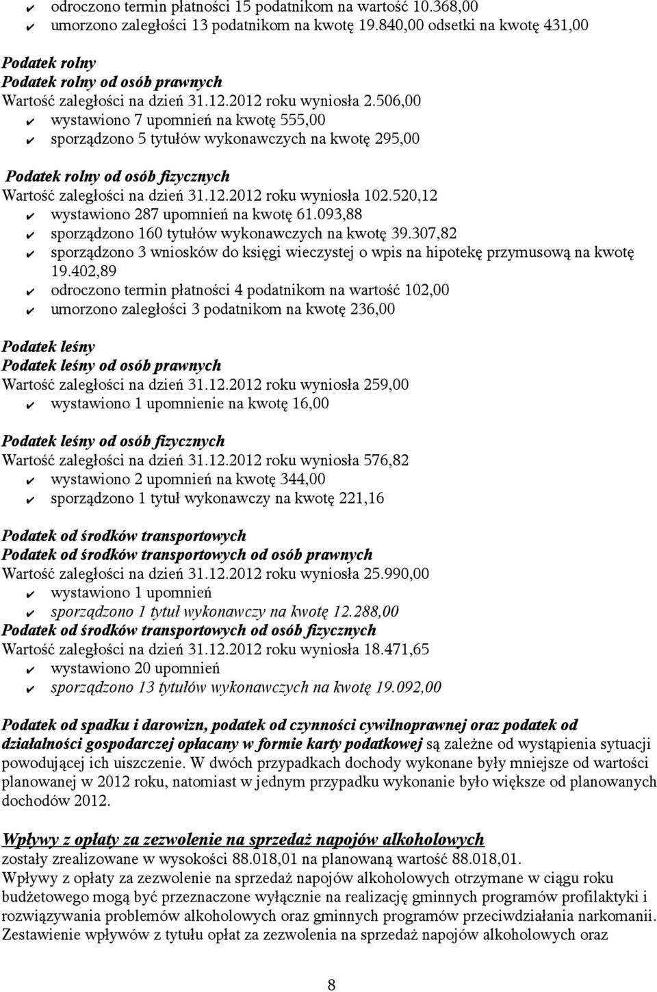 506,00 wystawiono 7 upomnień na kwotę 555,00 sporządzono 5 tytułów wykonawczych na kwotę 295,00 Podatek rolny od osób fizycznych Wartość zaległości na dzień 31.12.2012 roku wyniosła 102.
