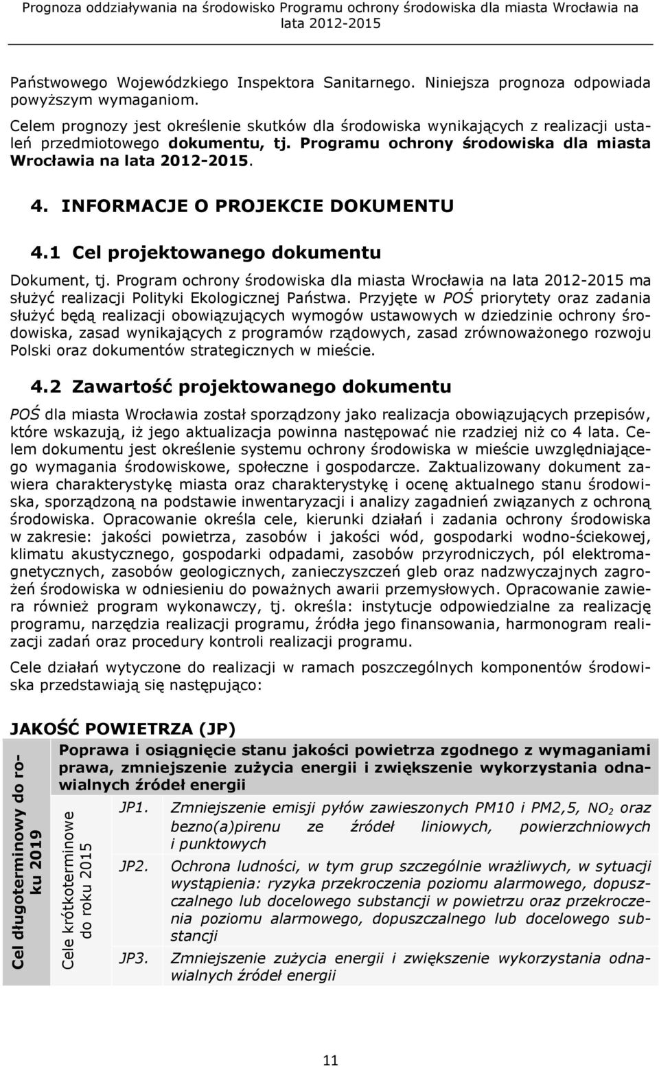 Programu ochrony środowiska dla miasta Wrocławia na. 4. INFORMACJE O PROJEKCIE DOKUMENTU 4.1 Cel projektowanego dokumentu Dokument, tj.
