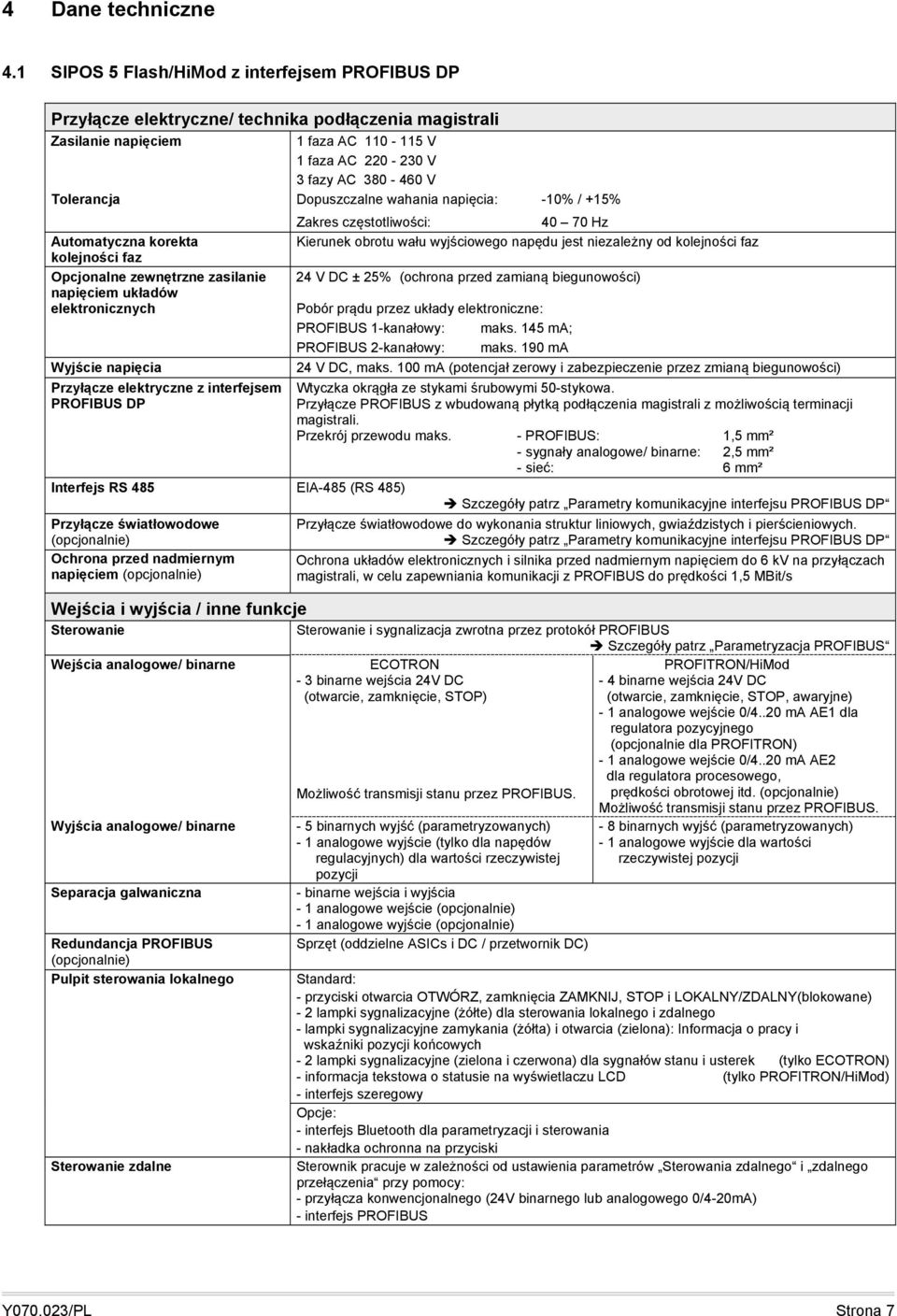 zasilanie napięciem układów elektronicznych Wyjście napięcia Przyłącze elektryczne z interfejsem PROFIBUS DP Interfejs RS 485 EIA-485 (RS 485) Przyłącze światłowodowe (opcjonalnie) Ochrona przed