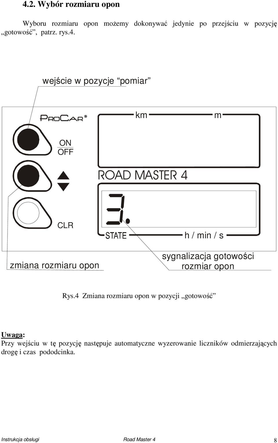 wejście w pozycje poiar k ROAD MASTER 4 ziana roziaru opon h / in / s sygnalizacja gotowości roziar