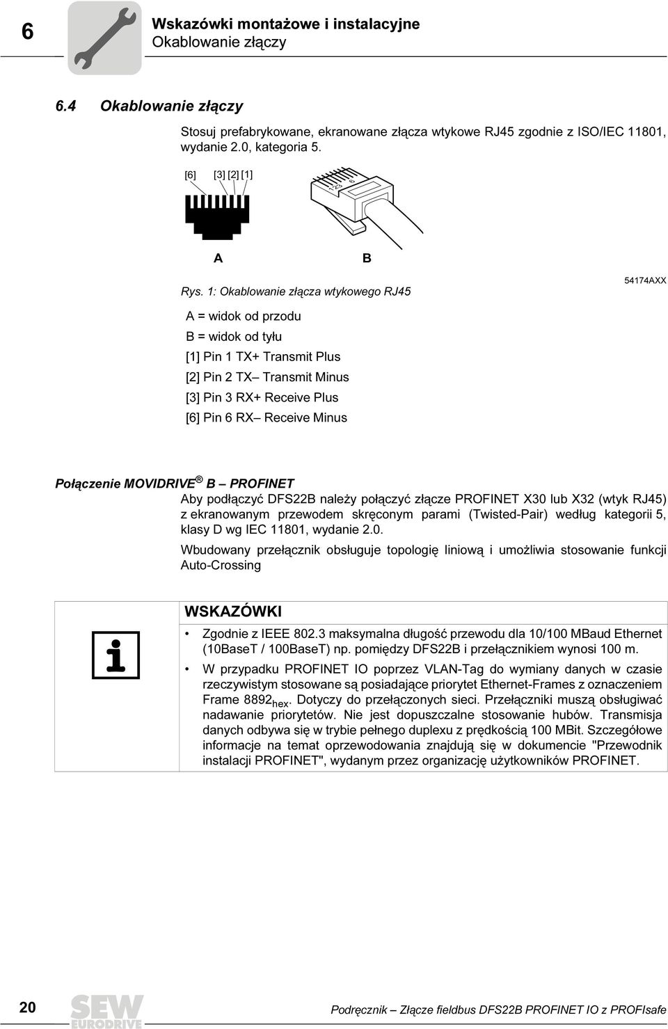 1: Okablowanie złącza wtykowego RJ45 54174AXX A = widok od przodu B = widok od tyłu [1] Pin 1 TX+ Transmit Plus [2] Pin 2 TX Transmit Minus [3] Pin 3 RX+ Receive Plus [6] Pin 6 RX Receive Minus