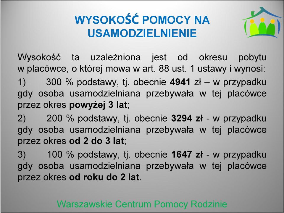 obecnie 4941 zł w przypadku gdy osoba usamodzielniana przebywała w tej placówce przez okres powyżej 3 lat; 2) 200 % podstawy, tj.