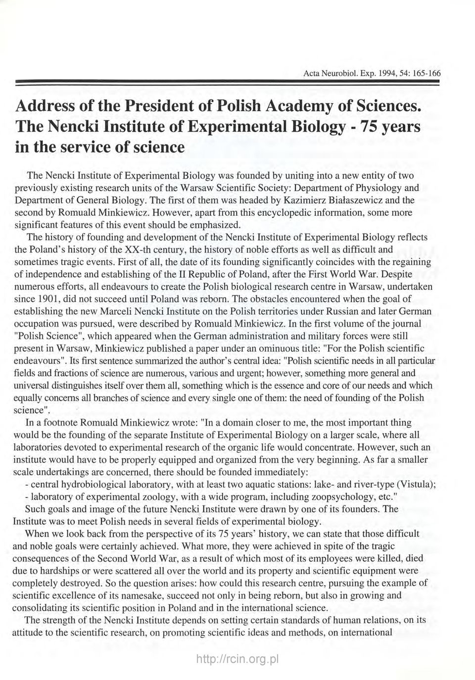 research units of the Warsaw Scientific Society: Department of Physiology and Department of General Biology.